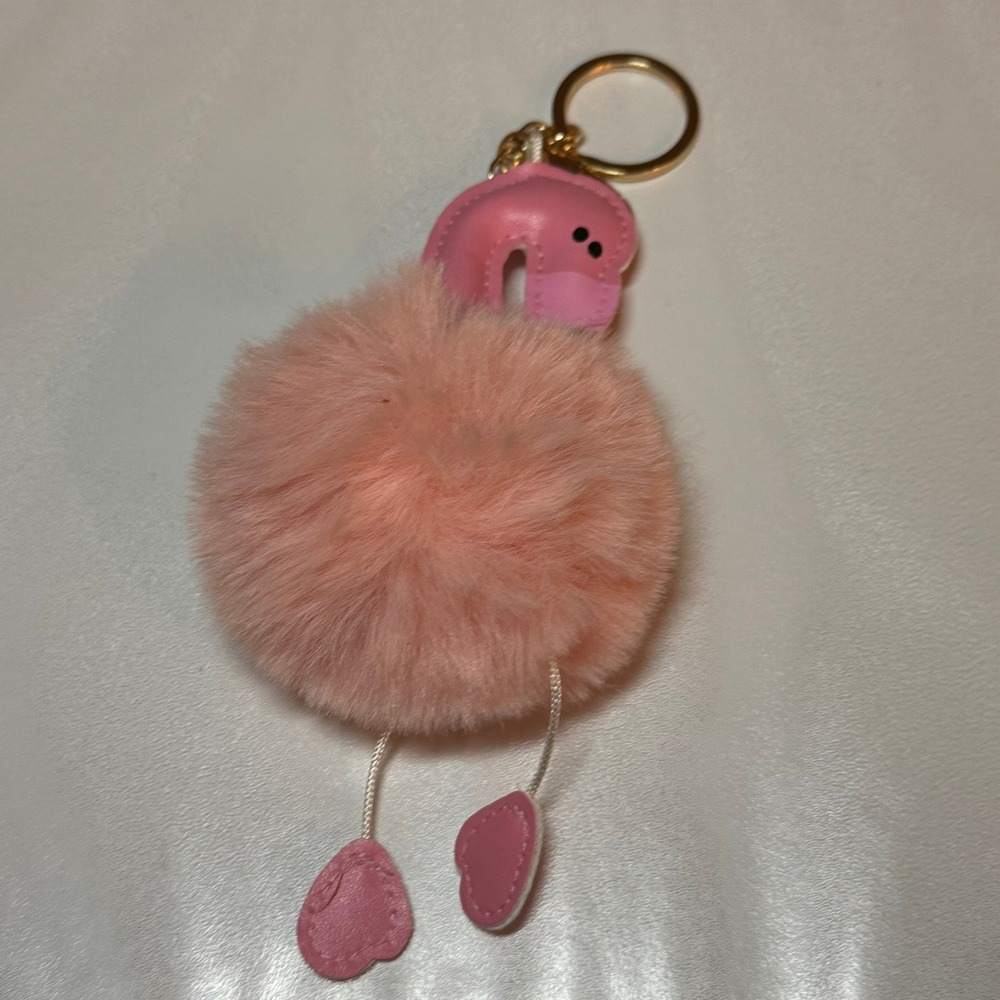 Pink Flamingo Pom Pom Faux Fur Keychain Bag Charm Gold Tone‎ Ring